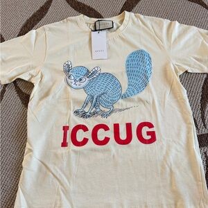 Gucci Cream Short-Sleeve Tee with Blue Graphic